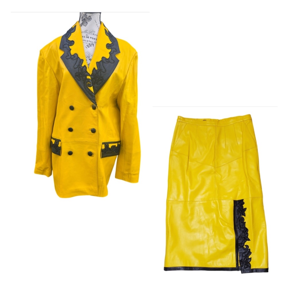 Vintage Leather 9000 Yellow Black Leather Blazer Skirt Set 2XL Italian Applique